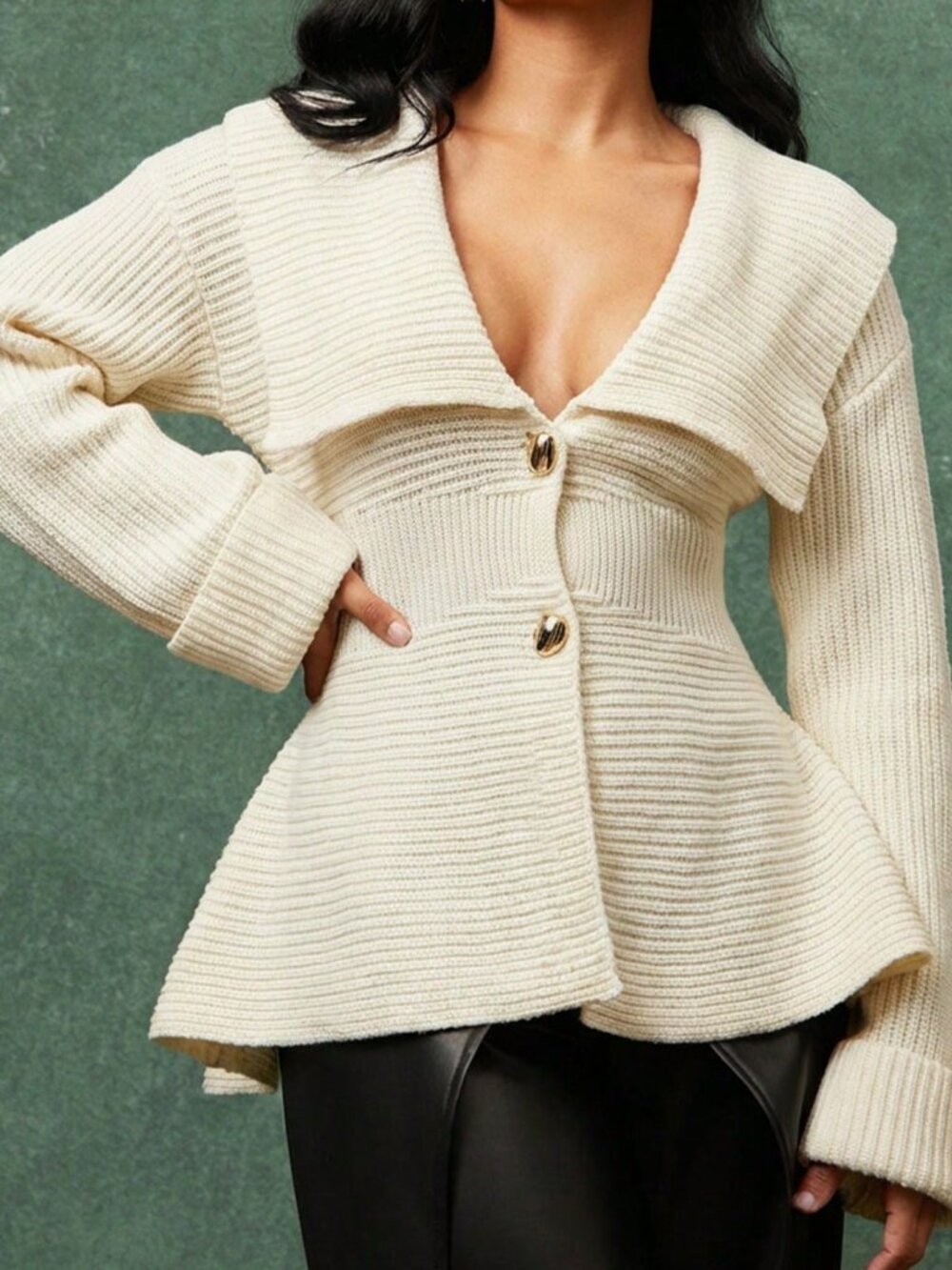 Apricot Casual Women's Wide Shawl Collar Peplum Hem Long Sleeve Cardigan